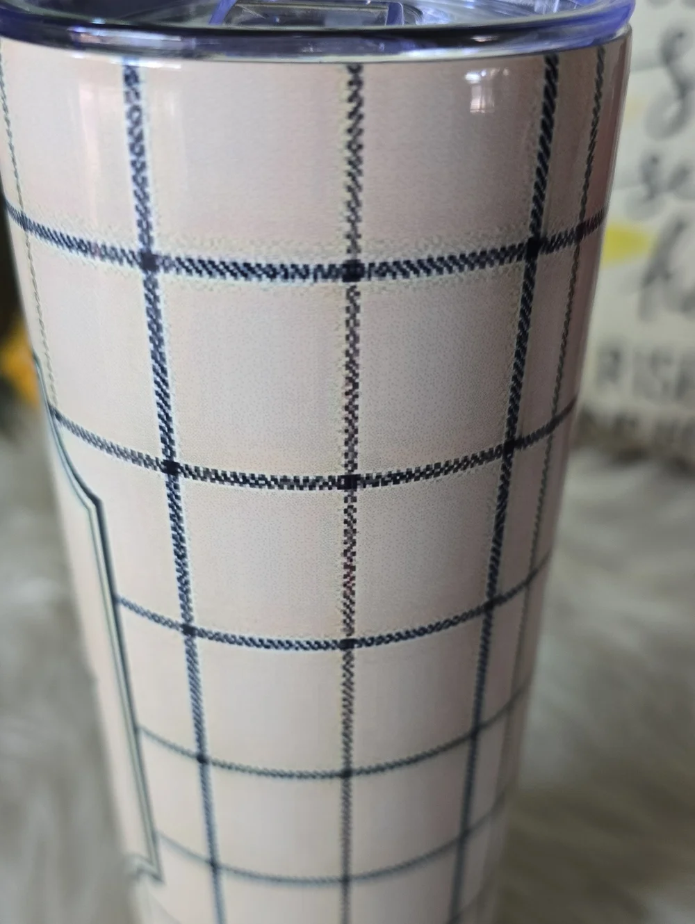 Fashion  Cream and Navy Plaid Insulated Tumbler with Black Logo